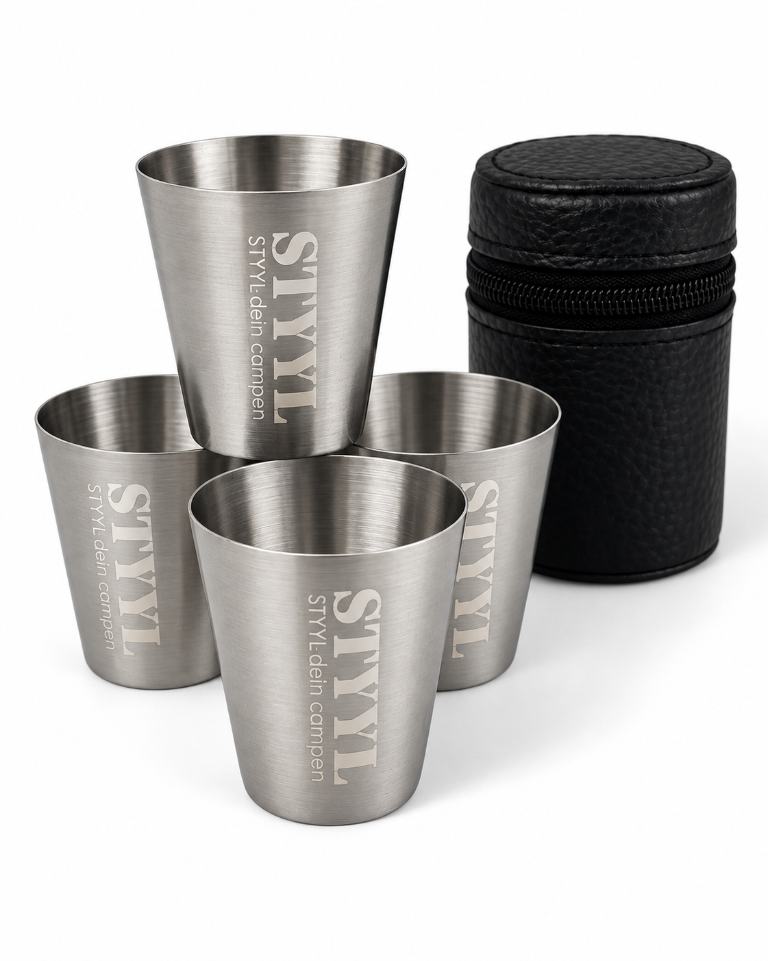4 Stück Edelstahl Schnapsbecher 20ml im Kunstleder-Etui – STYYL GmbH
