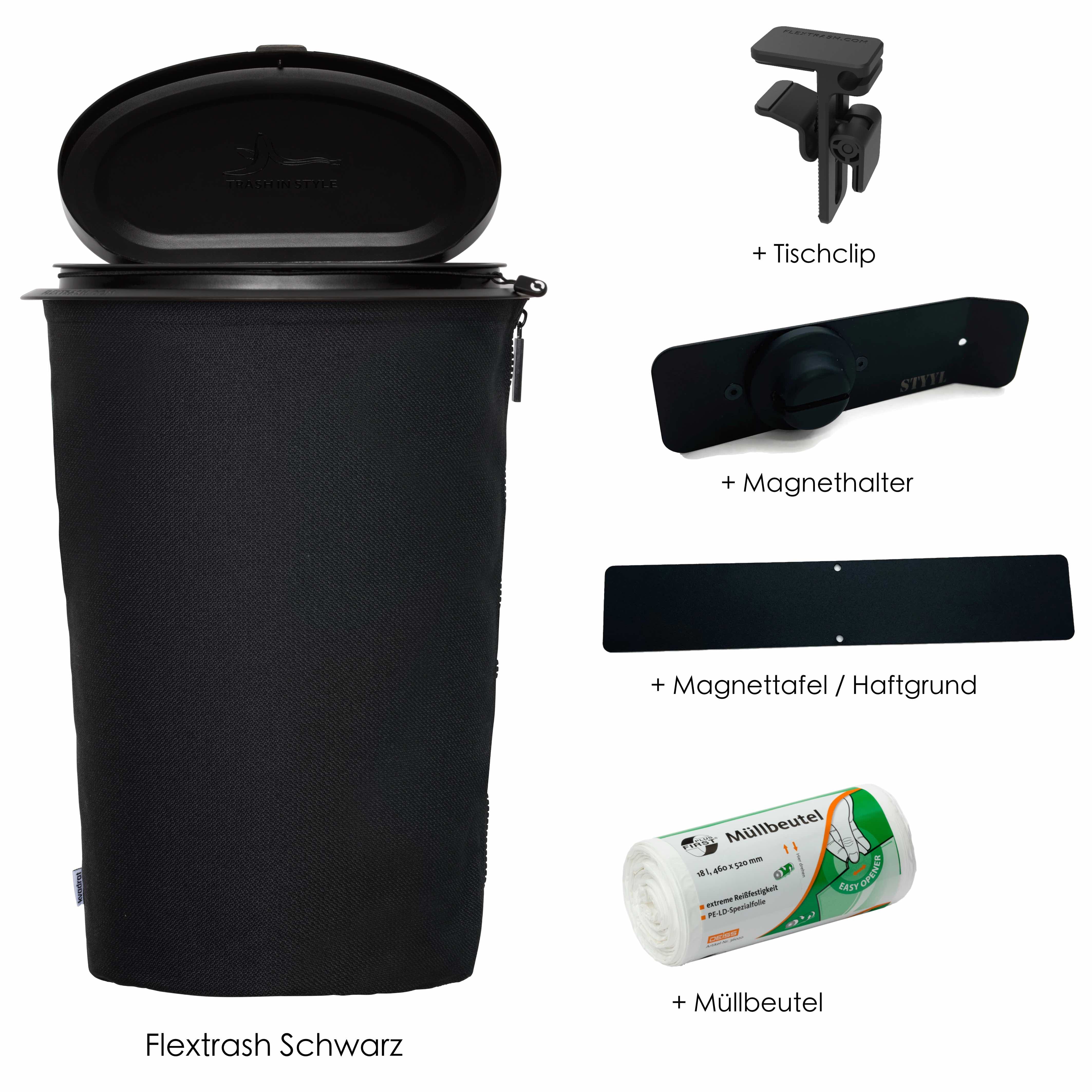 Bundle Flextrash Schwarz (Mülleimer inkl. Tischclip, Magnethalter, Haf – STYYL GmbH
