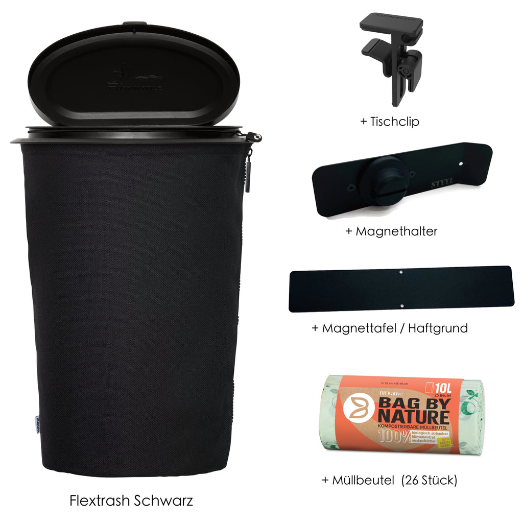 Bundle Flextrash Schwarz (Mülleimer inkl. Tischclip, Magnethalter, Haftgrund und Müllbeutel)