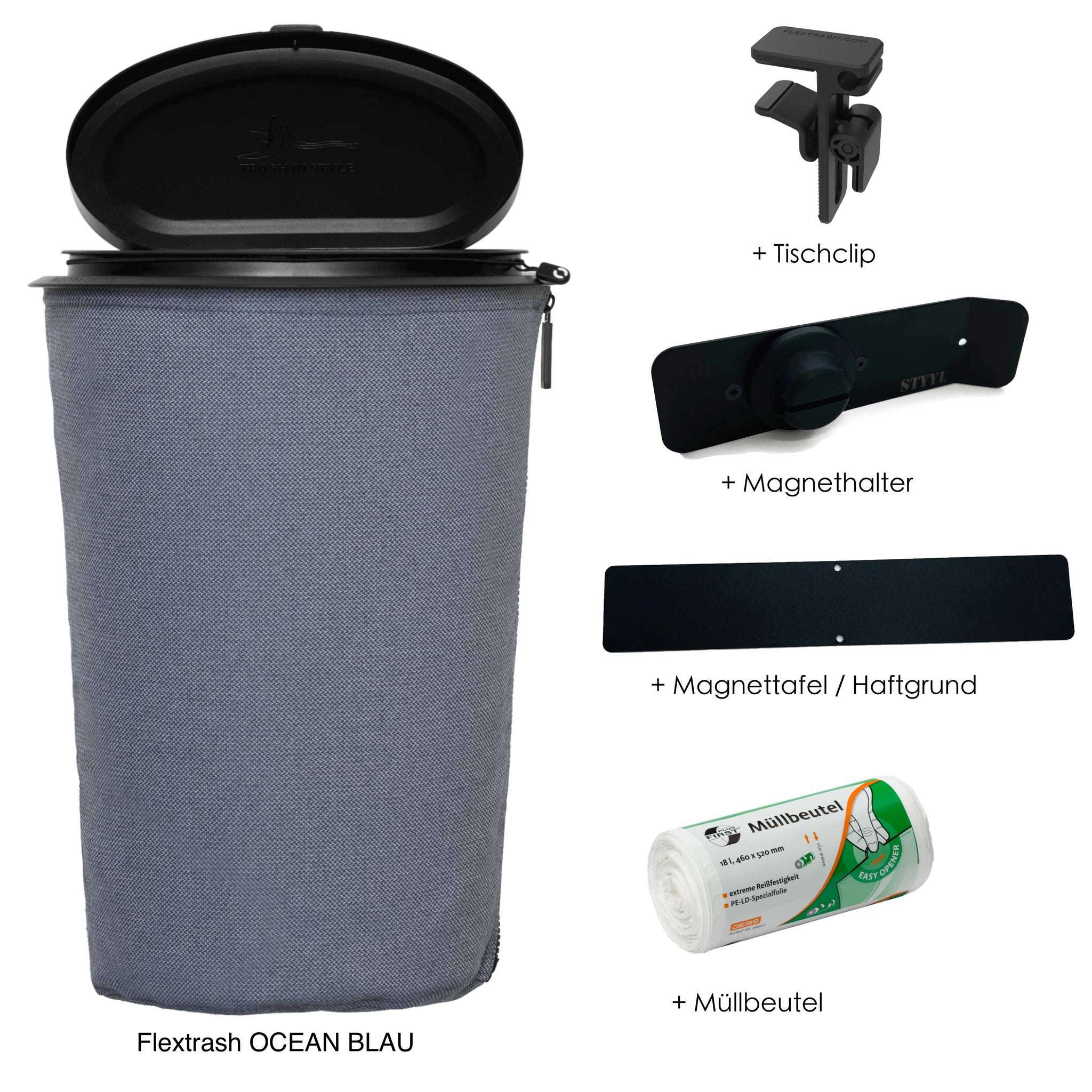 Bundle Flextrash OCEAN BLAU (Mülleimer inkl. Tischclip, Magnethalter, – STYYL GmbH