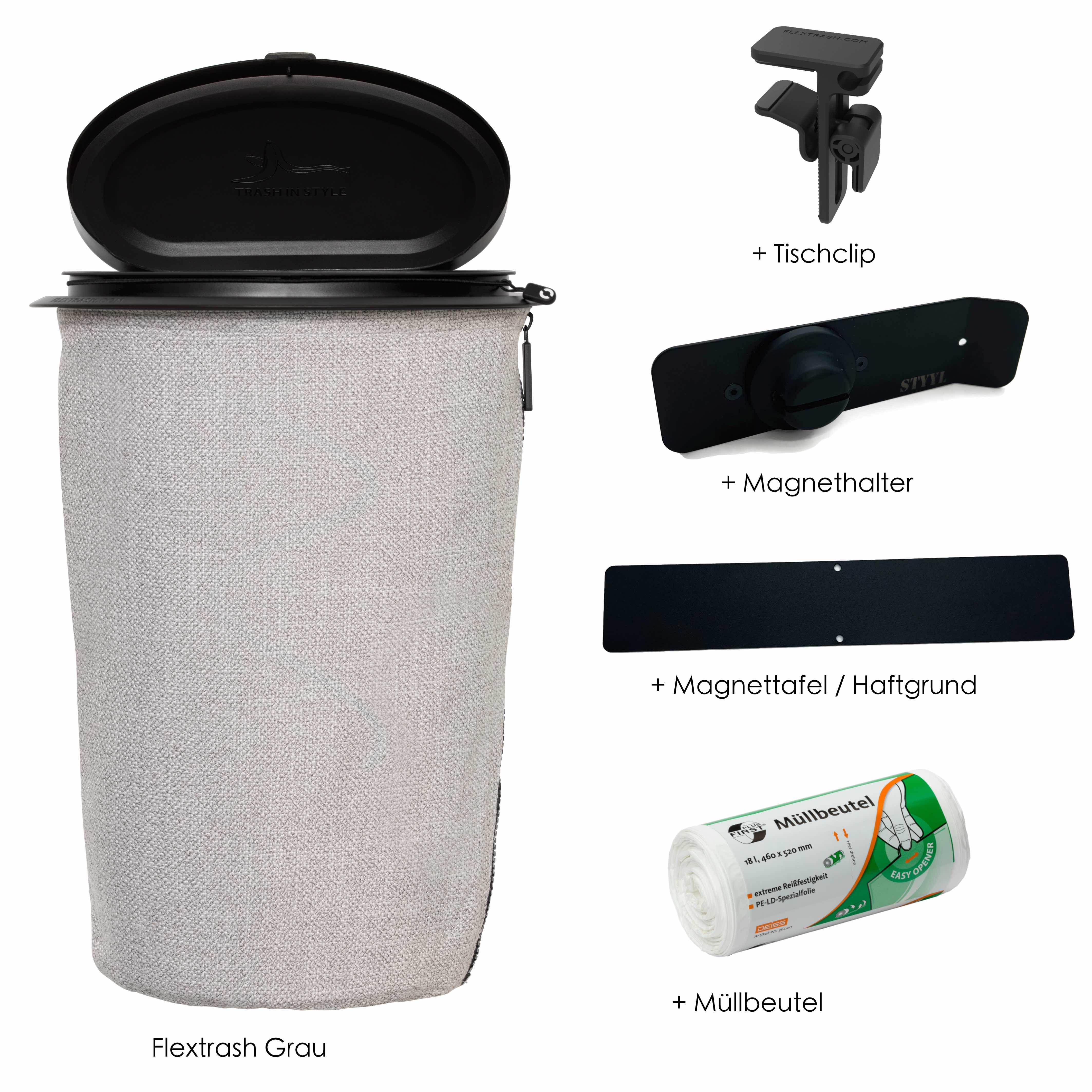 Bundle Flextrash Grau (Mülleimer inkl. Tischclip, Magnethalter, Haftgr – STYYL GmbH