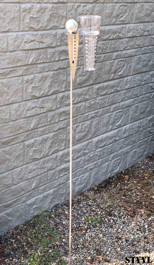 Analoge-Wetterstation, Regenmesser + Thermometer als Gartenstecker am Stab 125cm