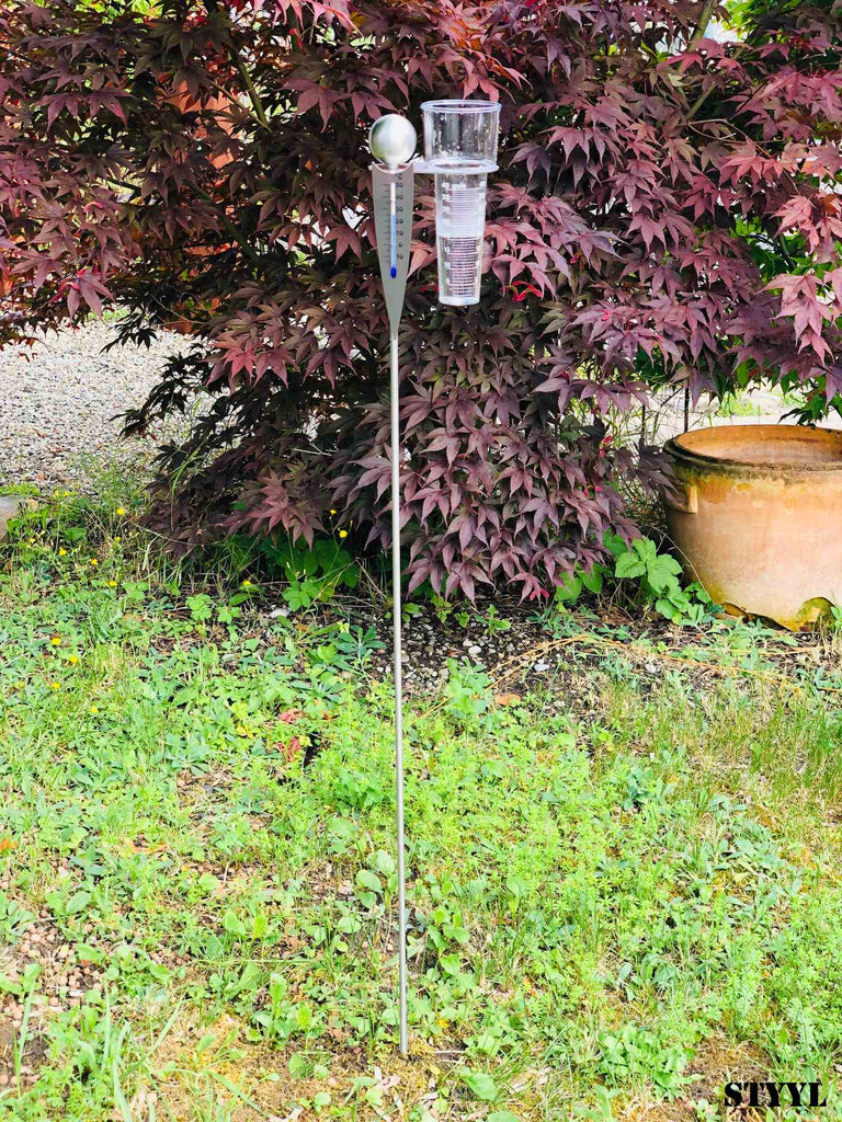 Analoge-Wetterstation, Regenmesser + Thermometer als Gartenstecker am Stab 125cm
